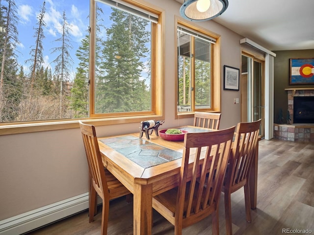 10000 Ryan Gulch Rd Unit 114, Silverthorne, CO 80498 - dining area with a baseboard heating unit, wood finished floors, and a fireplace