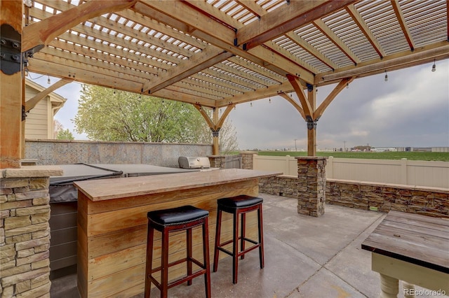 view of patio / terrace with area for grilling, exterior kitchen, a fenced backyard, and outdoor wet bar