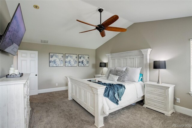 bedroom featuring ceiling fan, carpet, baseboards, lofted ceiling, and visible vents