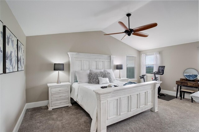 bedroom featuring baseboards, a ceiling fan, carpet, and vaulted ceiling