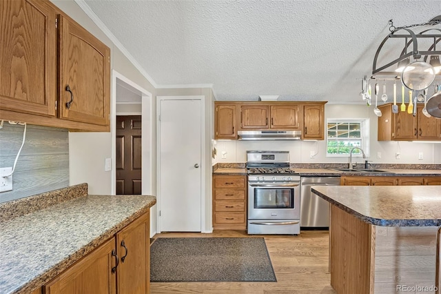 5856 John Ross Ct, Peyton, CO 80831 - kitchen featuring stainless steel appliances, a sink, under cabinet range hood, light wood-style flooring, and ornamental molding