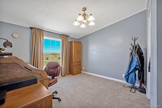 5856 John Ross Ct, Peyton, CO 80831 - carpeted office space featuring a chandelier, a textured ceiling, baseboards, and crown molding