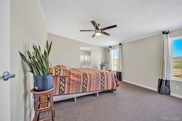 5856 John Ross Ct, Peyton, CO 80831 - carpeted bedroom with a textured ceiling, connected bathroom, baseboards, and ceiling fan