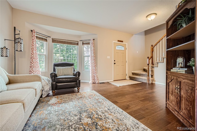 living room with dark wood-type flooring