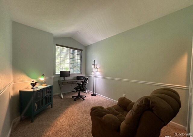 carpeted office with vaulted ceiling