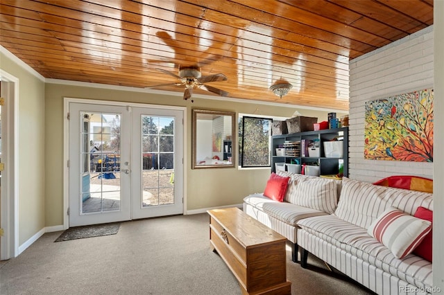 7400 W Quincy Ave, Littleton, CO 80123 - carpeted living room featuring french doors, wooden ceiling, and ceiling fan