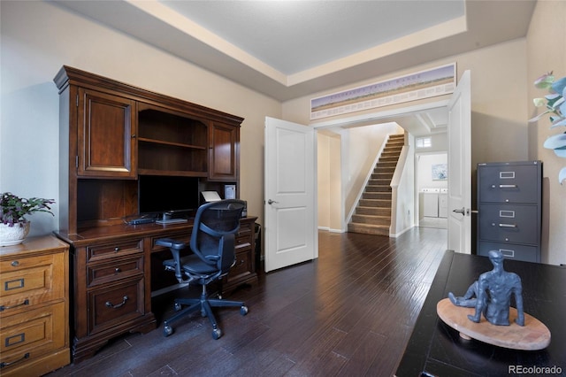 4875 S Catawba St, Aurora, CO 80016 - home office with dark wood finished floors and a tray ceiling