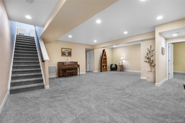 4875 S Catawba St, Aurora, CO 80016 - finished below grade area featuring carpet floors, stairway, and recessed lighting
