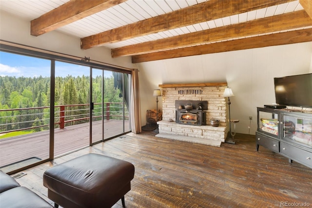 413 W Lake Dr, Divide, CO 80814 - living room with hardwood / wood-style flooring, a view of trees, and beam ceiling