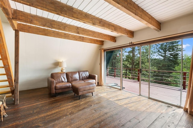 413 W Lake Dr, Divide, CO 80814 - sitting room with hardwood / wood-style flooring, beam ceiling, and stairs