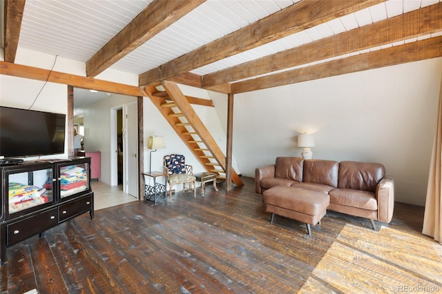 413 W Lake Dr, Divide, CO 80814 - living room featuring hardwood / wood-style flooring, stairs, and beamed ceiling