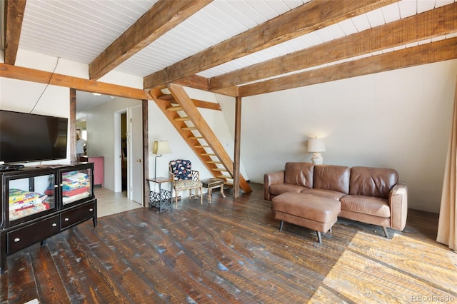 413 W Lake Dr, Divide, CO 80814 - living room featuring beam ceiling, wood-type flooring, and stairs
