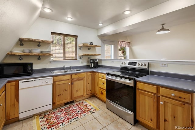 413 W Lake Dr, Divide, CO 80814 - kitchen featuring white dishwasher, stainless steel range with electric stovetop, black microwave, and open shelves