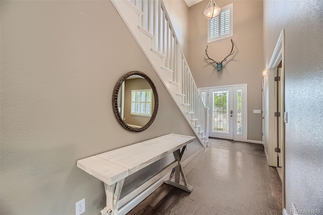 entrance foyer featuring wood-type flooring and a high ceiling