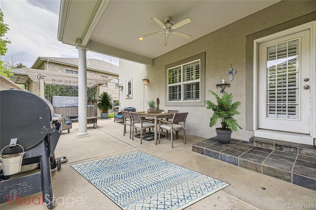 view of patio with a grill, a pergola, and ceiling fan