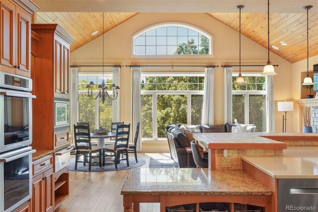 1975 Fox Mountain Pt, Colorado Springs, CO 80906 - kitchen featuring decorative light fixtures, an inviting chandelier, stainless steel appliances, wooden ceiling, and light wood-style flooring