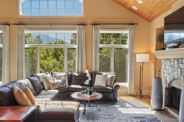 1975 Fox Mountain Pt, Colorado Springs, CO 80906 - living room featuring a fireplace, high vaulted ceiling, wood finished floors, and wooden ceiling