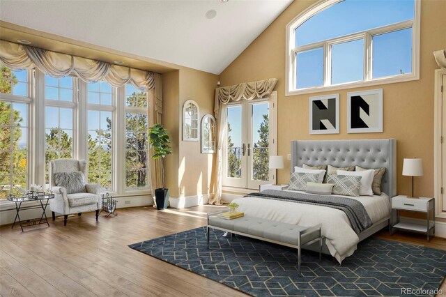 1975 Fox Mountain Pt, Colorado Springs, CO 80906 - bedroom with french doors, high vaulted ceiling, and wood finished floors