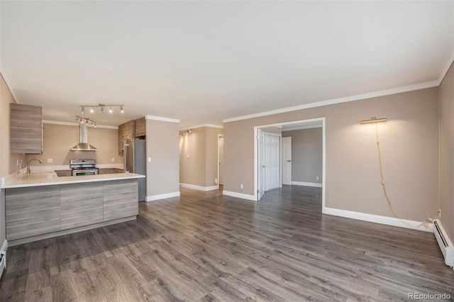 unfurnished living room with dark wood-type flooring, a sink, ornamental molding, and baseboards