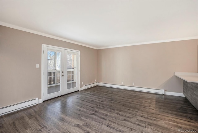 spare room with ornamental molding, a baseboard radiator, french doors, and wood finished floors