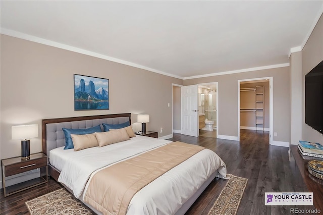 bedroom featuring ensuite bath, crown molding, baseboards, and wood finished floors