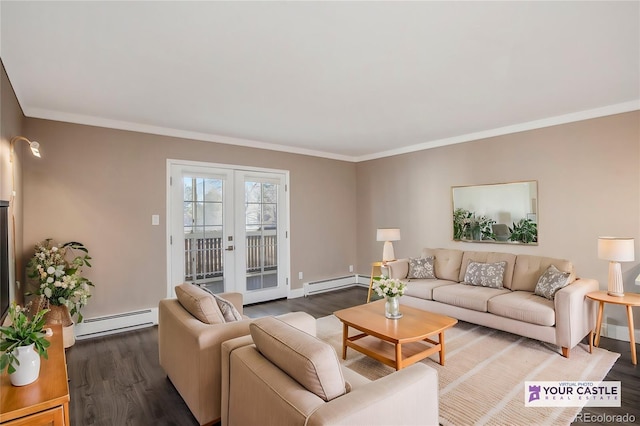 living area with a baseboard heating unit, french doors, wood finished floors, and ornamental molding