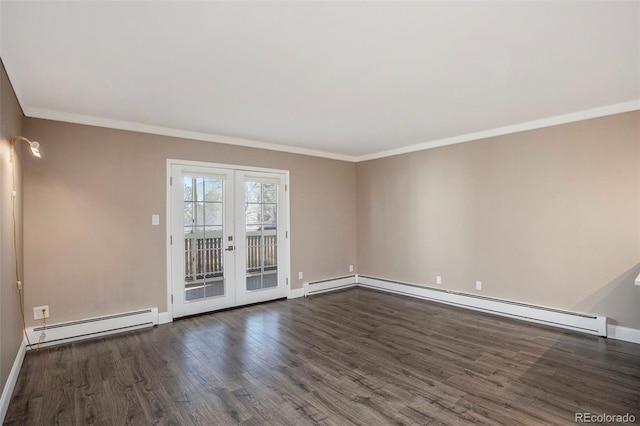 empty room with french doors, baseboard heating, wood finished floors, and baseboards