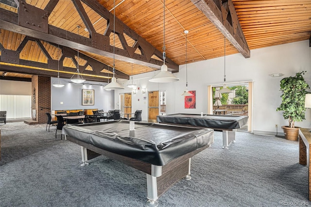 game room with high vaulted ceiling, billiards, wood ceiling, beam ceiling, and carpet