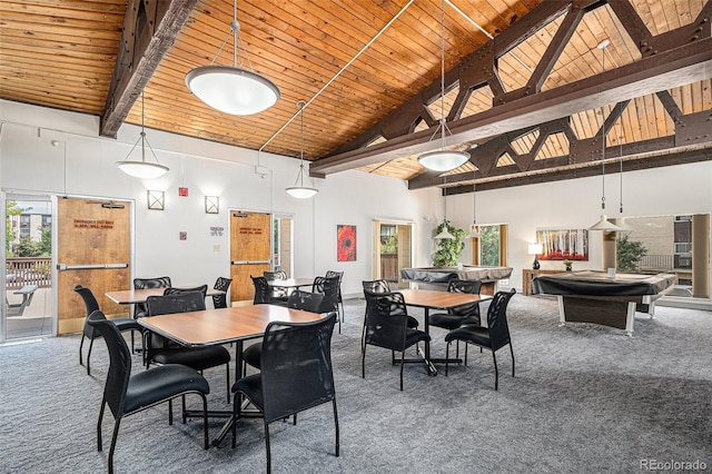 dining room featuring high vaulted ceiling, carpet, wood ceiling, and beam ceiling