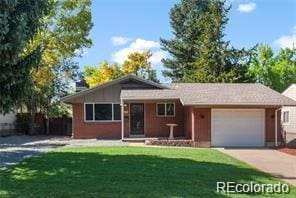 single story home with a garage, driveway, and a front lawn