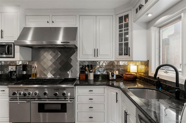 1265 S Elizabeth St, Denver, CO 80210 - kitchen featuring stainless steel appliances, exhaust hood, white cabinets, tasteful backsplash, and dark stone countertops