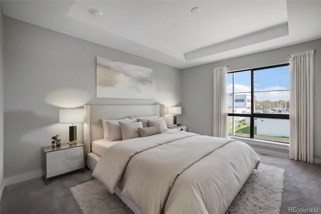 bedroom featuring a tray ceiling, carpet flooring, and baseboards