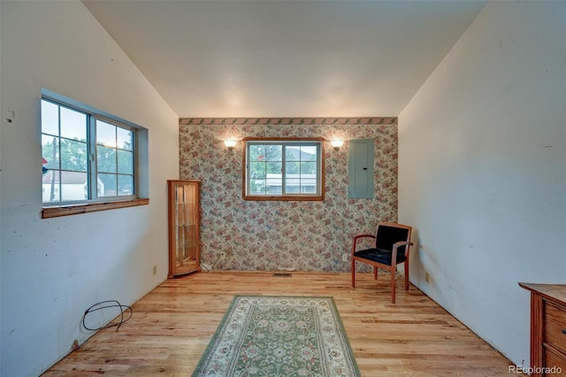 319 W Arkansas St, Buena Vista, CO 81211 - unfurnished room featuring electric panel, wallpapered walls, and light wood-style floors