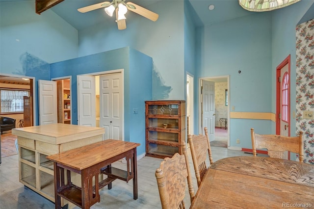 319 W Arkansas St, Buena Vista, CO 81211 - dining area with high vaulted ceiling, a ceiling fan, and beamed ceiling