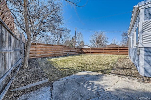 view of yard with a patio and a fenced backyard