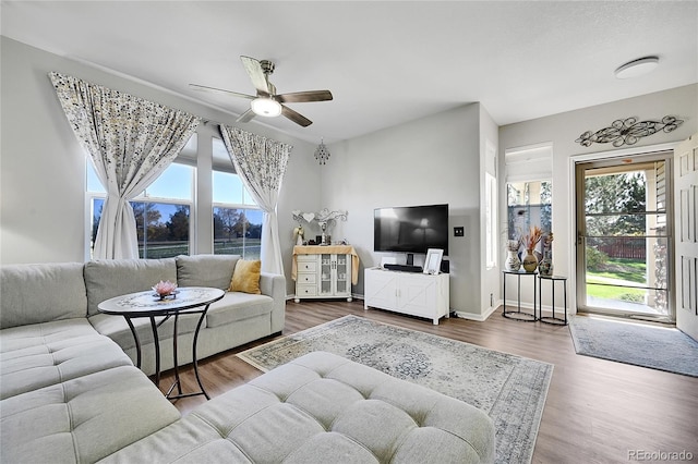 living room featuring wood-type flooring, a healthy amount of sunlight, and ceiling fan