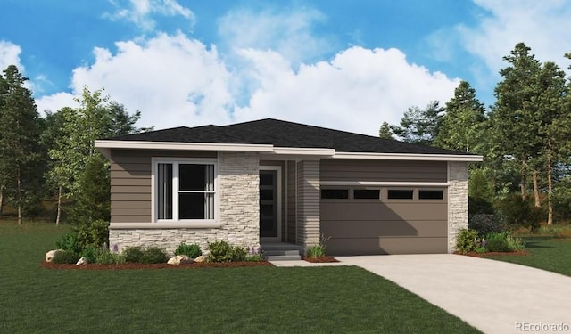 304 W Owen Ave, Keenesburg, CO 80643 - prairie-style home featuring stone siding, driveway, a front yard, and a garage