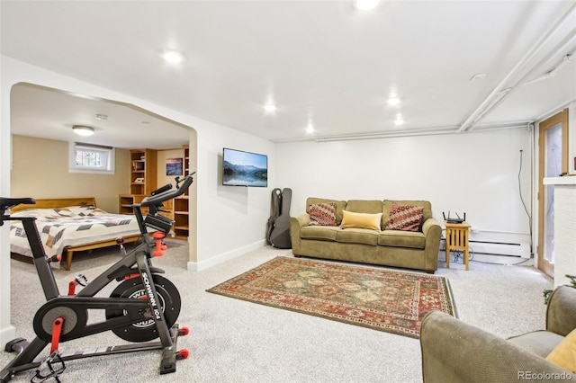 carpeted living room with recessed lighting, baseboards, and baseboard heating