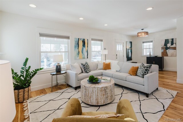 living room with plenty of natural light and light hardwood / wood-style flooring