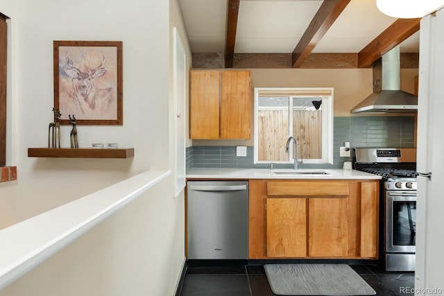 7820 Grove St, Westminster, CO 80030 - kitchen featuring appliances with stainless steel finishes, wall chimney exhaust hood, backsplash, beamed ceiling, and light countertops