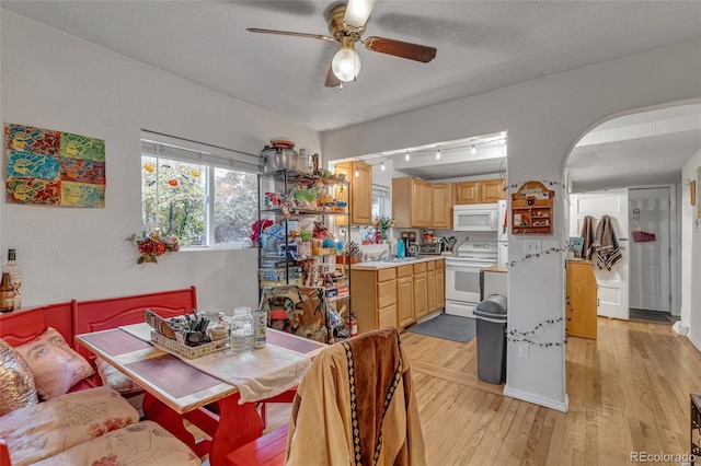 dining room with sink, rail lighting, ceiling fan, a textured ceiling, and light wood-type flooring