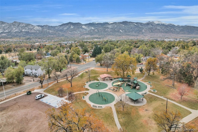 birds eye view of property with a mountain view