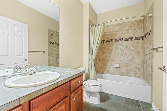 bathroom with toilet, tile patterned floors, shower / bath combo with shower curtain, and vanity