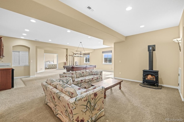 living room with light carpet, recessed lighting, visible vents, and pool table