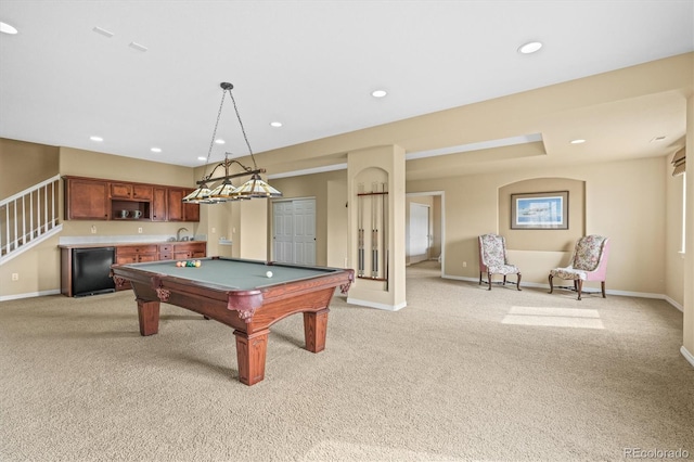 recreation room featuring recessed lighting, light carpet, a sink, billiards, and baseboards