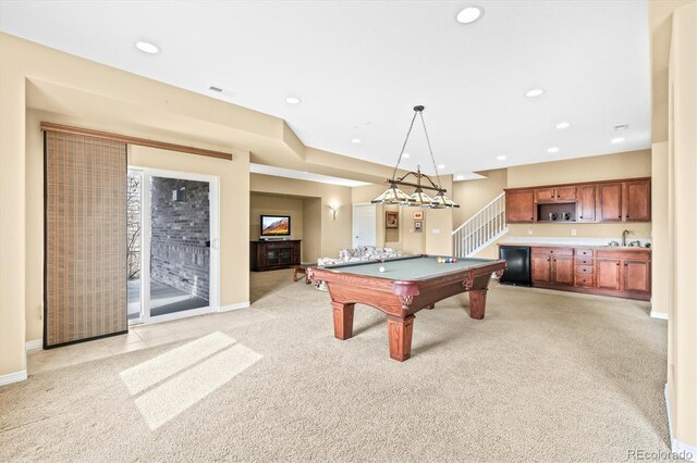 game room featuring billiards, light colored carpet, and recessed lighting