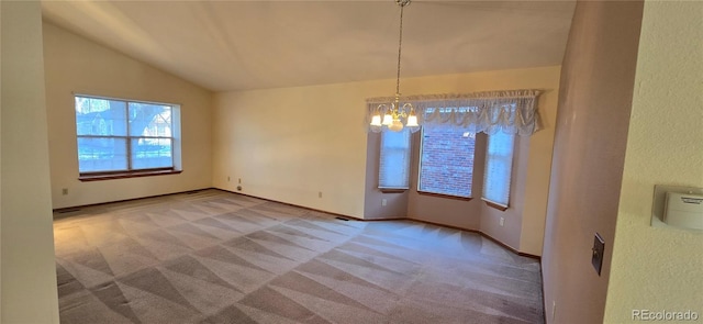 unfurnished dining area with carpet floors, lofted ceiling, and an inviting chandelier