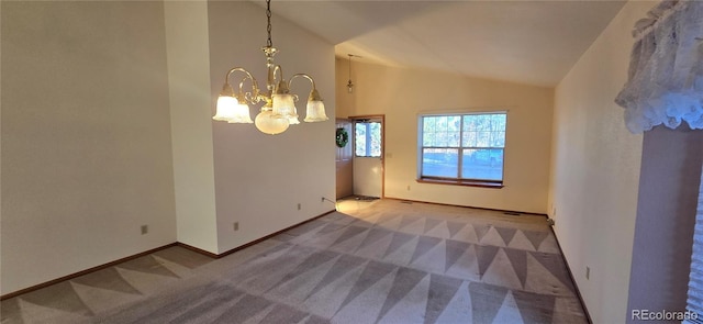 unfurnished dining area featuring carpet flooring, a notable chandelier, and vaulted ceiling