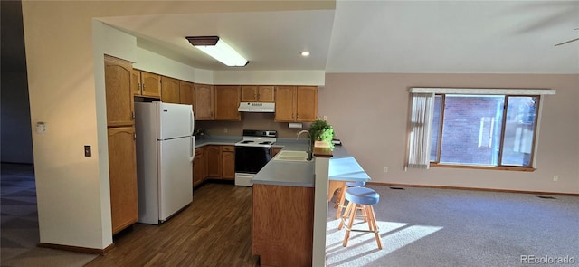 kitchen featuring kitchen peninsula, dark carpet, white appliances, ceiling fan, and sink