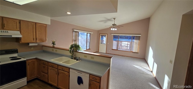 kitchen featuring sink, dishwasher, electric range oven, kitchen peninsula, and vaulted ceiling